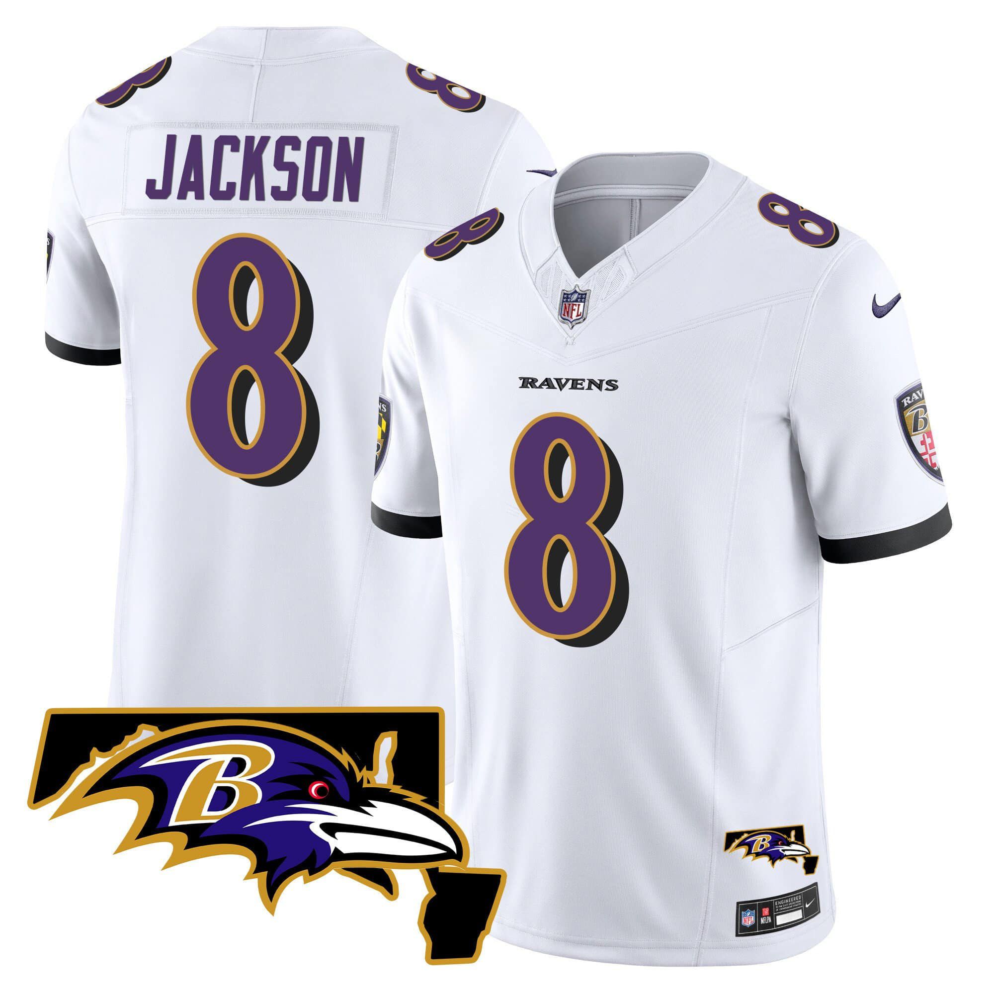 Men Baltimore Ravens 8 Jackson White 2024 Nike Maryland Patch Vapor Limited NFL Jersey